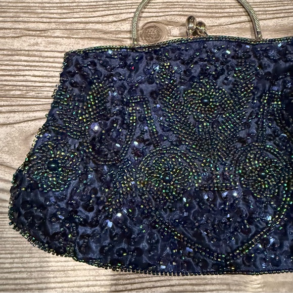 Vintage Navy Blue Beaded Evening Bag Top Handle Kiss Lock Formal Purse main image 4